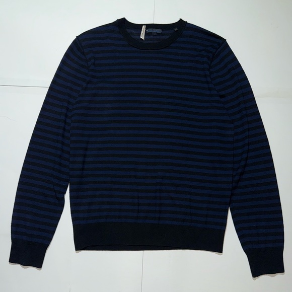 Patrick Assaraf Other - Patrick Assaraf Merino Wool Sweater Men’s Large Navy Black Stripe Crewneck